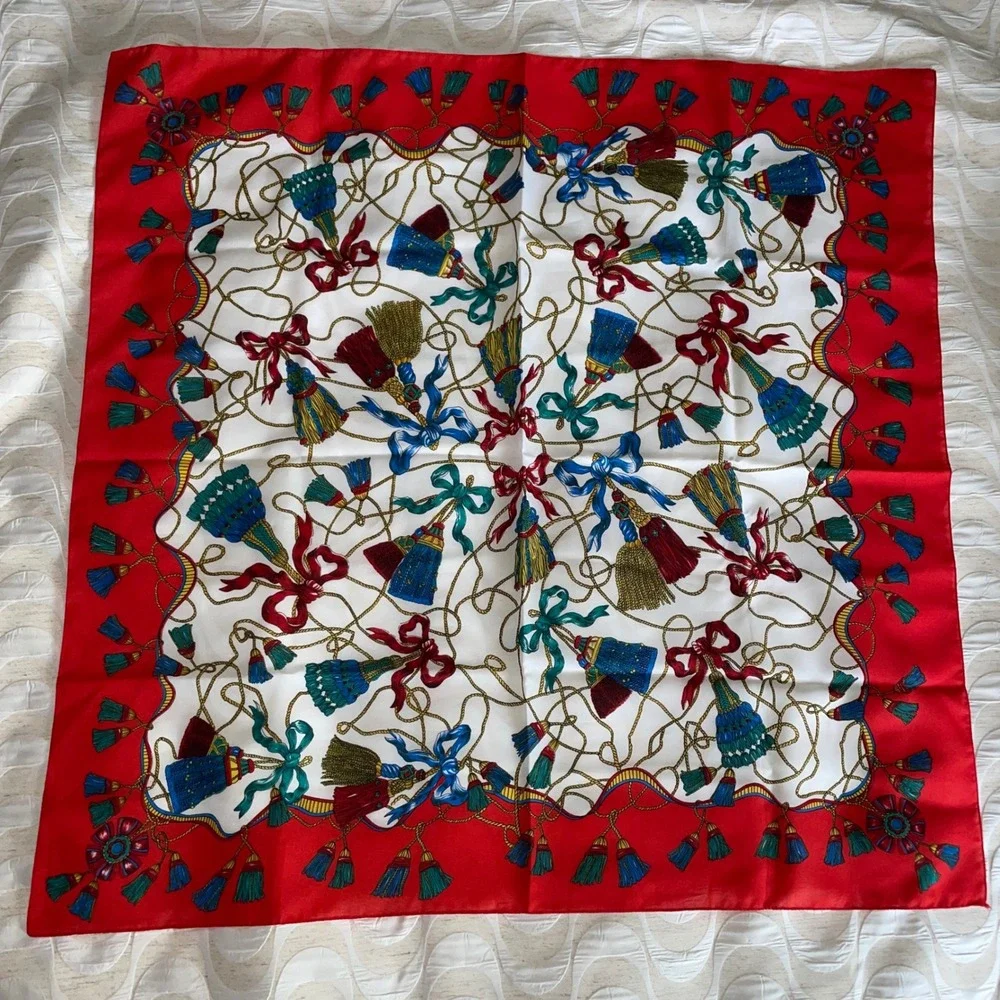 Berkshire Vintage Square Scarf Red White‎ Equestrian Tassel Made in Italy 31x31